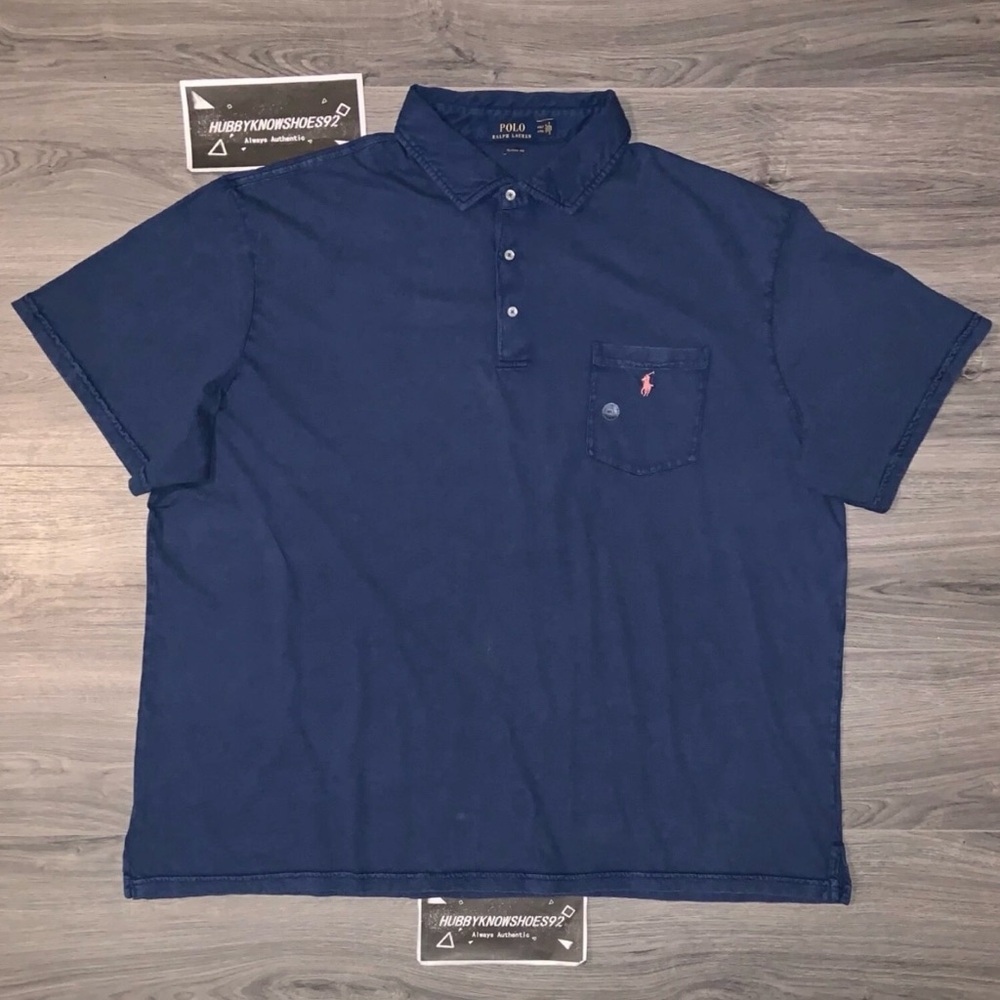 POLO RALPH LAUREN Men’s Big & Tall Faded Navy Blue Cotton Linen Polo Shirt 4XLT